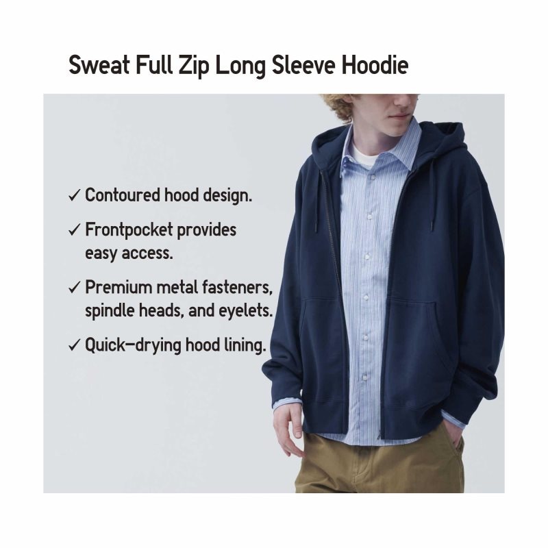 Men Uniqlo Sweat Long-sleeve Full-zip Hoodie Blue | 720007