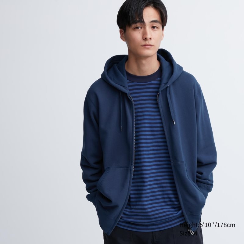 Men Uniqlo Sweat Long-sleeve Full-zip Hoodie Blue | 720007