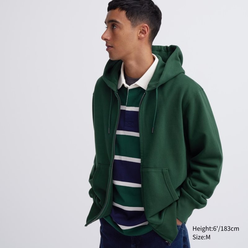 Men Uniqlo Sweat Long-sleeve Full-zip Hoodie Green | 9080700