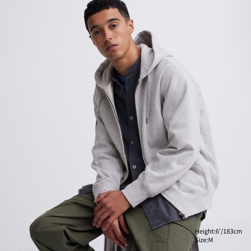 Men Uniqlo Sweat Long-sleeve Full-zip Hoodie Grey | 5820383