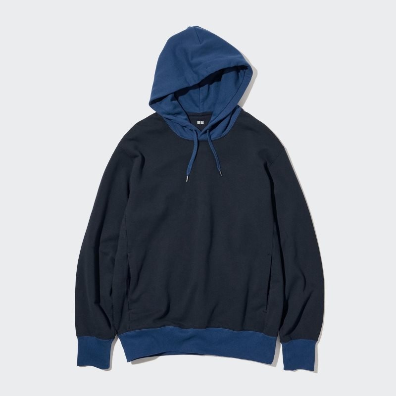 Men Uniqlo Sweat Long-sleeve Pullover Color Block Hoodie Blue | 1403172