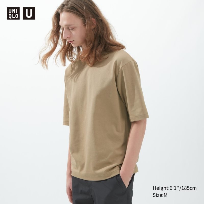 Men Uniqlo U AIRism Cotton Oversized Crew Neck Half-Sleeve T Shirts Beige | 9095834