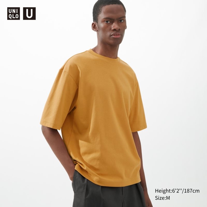 Men Uniqlo U AIRism Cotton Oversized Crew Neck Half-Sleeve T Shirts Yellow | 1534350
