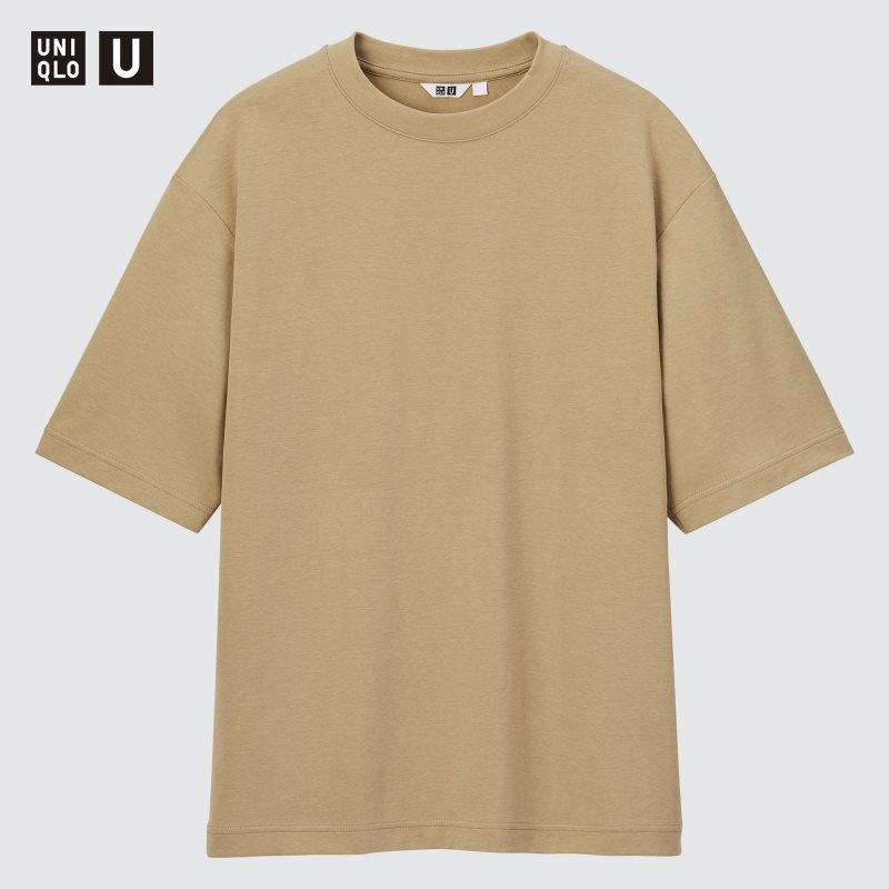 Men Uniqlo U AIRism Cotton Oversized Crew Neck Half-Sleeve T Shirts Beige | 8547159