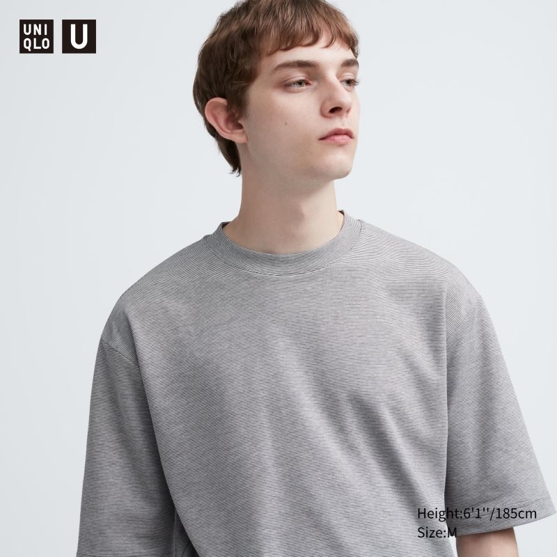 Men Uniqlo U Airism Cotton Striped Crew Neck Oversized T Shirts Grey | 8542866