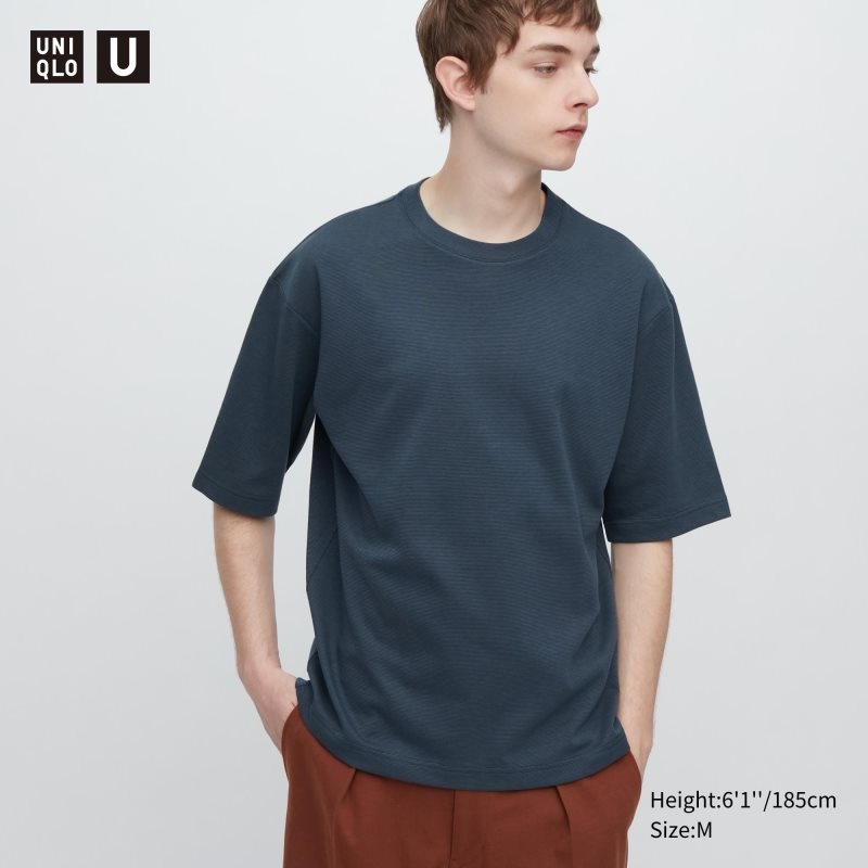 Men Uniqlo U Airism Cotton Striped Crew Neck Oversized T Shirts Blue | 689755
