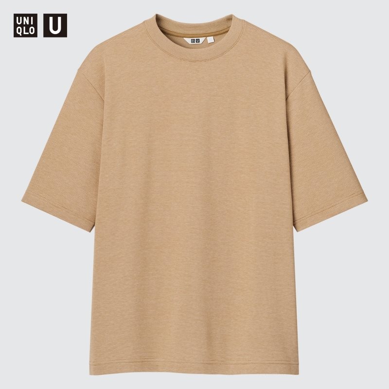 Men Uniqlo U Airism Cotton Striped Crew Neck Oversized T Shirts Beige | 2332720