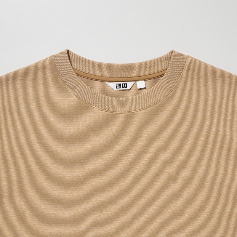 Men Uniqlo U Airism Cotton Striped Crew Neck Oversized T Shirts Beige | 2332720