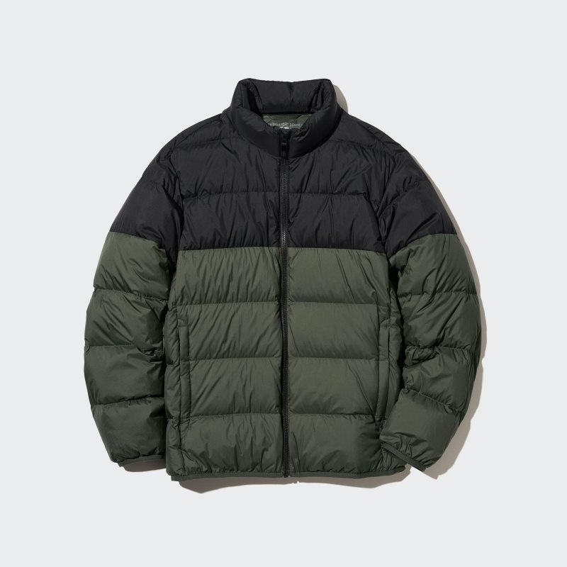 Men Uniqlo Ultra Light Down 3d Cut Wide Quilt Color Block Jackets Olive | 3983159
