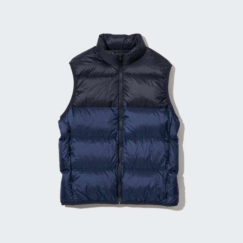 Men Uniqlo Ultra Light Down Wide Quilt Color Block Vest Navy | 7750433