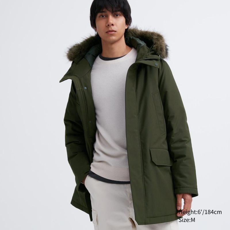 Men Uniqlo Ultra Warm Hybrid Down Coats Olive | 4986152