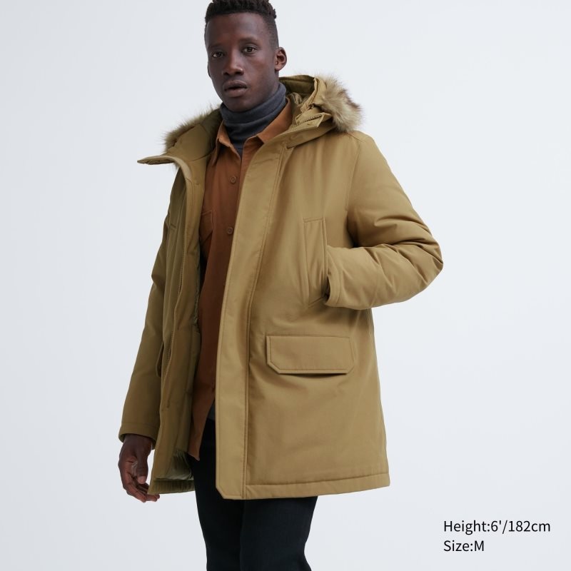 Men Uniqlo Ultra Warm Hybrid Down Coats Beige | 7234638