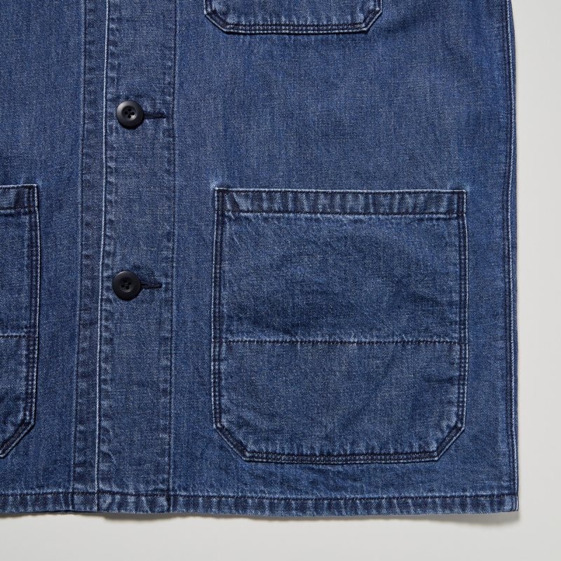 Men Uniqlo Utility Denim Cotton Linen Jackets Blue | 1670338