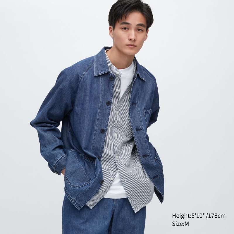 Men Uniqlo Utility Denim Cotton Linen Jackets Blue | 1670338