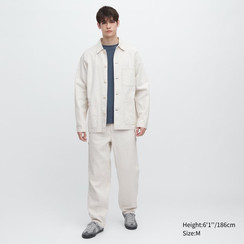 Men Uniqlo Utility Denim Cotton Linen Jackets White | 7879904