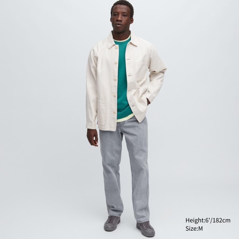 Men Uniqlo Utility Denim Cotton Linen Jackets White | 7879904