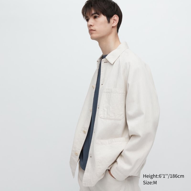 Men Uniqlo Utility Denim Cotton Linen Jackets White | 7879904