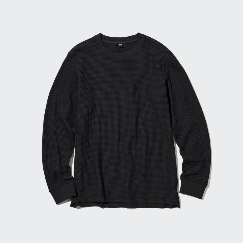 Men Uniqlo Waffle Crew Neck Long-Sleeve T Shirts Black | 7175964