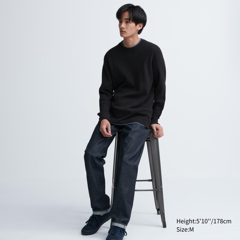Men Uniqlo Waffle Crew Neck Long-Sleeve T Shirts Black | 2537342