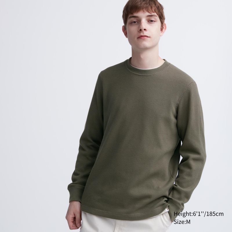 Men Uniqlo Waffle Crew Neck Long-Sleeve T Shirts Green | 4017313