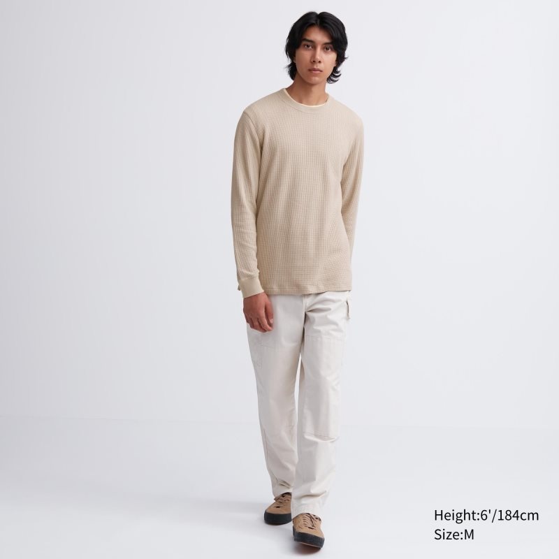 Men Uniqlo Waffle Crew Neck Long-Sleeve T Shirts Yellow | 1113441