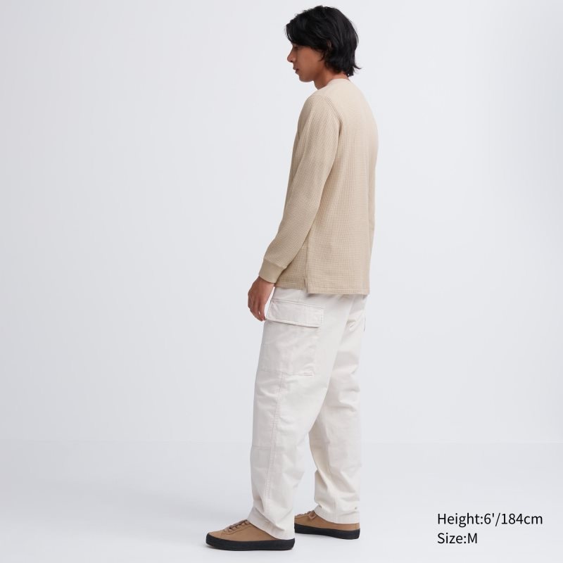 Men Uniqlo Waffle Crew Neck Long-Sleeve T Shirts Yellow | 1113441