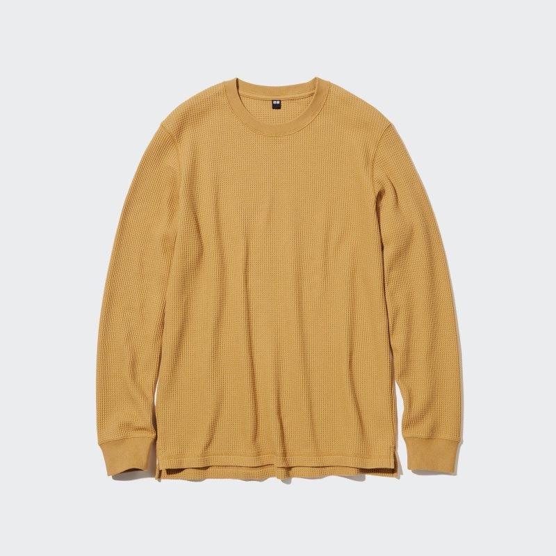 Men Uniqlo Waffle Crew Neck Long-Sleeve T Shirts Yellow | 1113441
