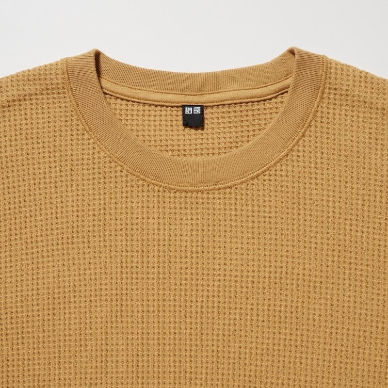 Men Uniqlo Waffle Crew Neck Long-Sleeve T Shirts Yellow | 1113441