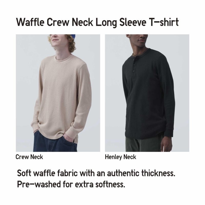 Men Uniqlo Waffle Crew Neck Long-Sleeve T Shirts Yellow | 1113441