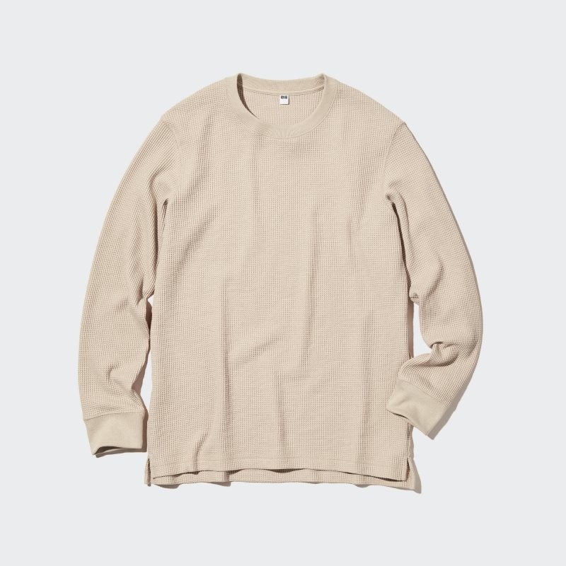 Men Uniqlo Waffle Crew Neck Long-Sleeve T Shirts Beige | 9085720
