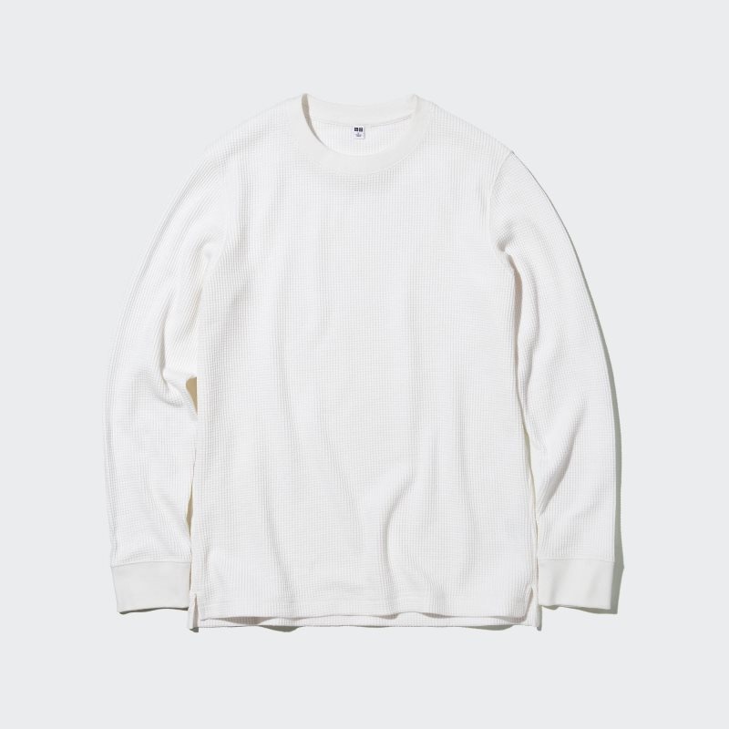Men Uniqlo Waffle Crew Neck Long-Sleeve T Shirts White | 1522797