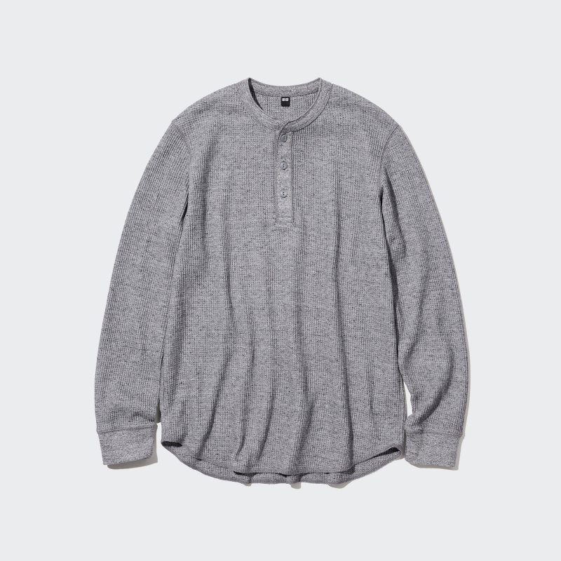 Men Uniqlo Waffle Henley Neck Long-sleeve T Shirts Grey | 1089129