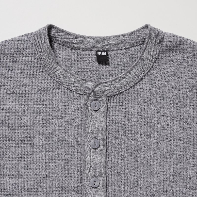 Men Uniqlo Waffle Henley Neck Long-sleeve T Shirts Grey | 1089129