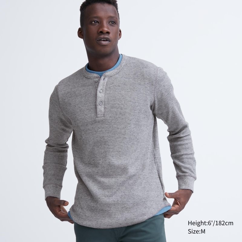 Men Uniqlo Waffle Henley Neck Long-sleeve T Shirts Grey | 1089129
