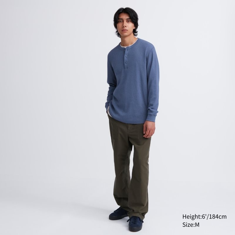 Men Uniqlo Waffle Henley Neck Long-sleeve T Shirts Blue | 7779685