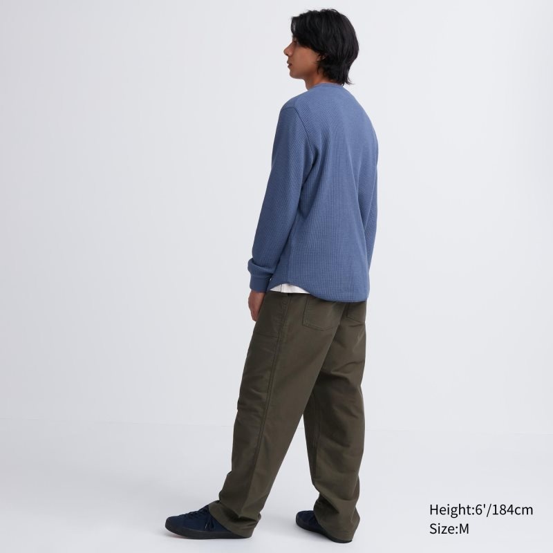 Men Uniqlo Waffle Henley Neck Long-sleeve T Shirts Blue | 7779685
