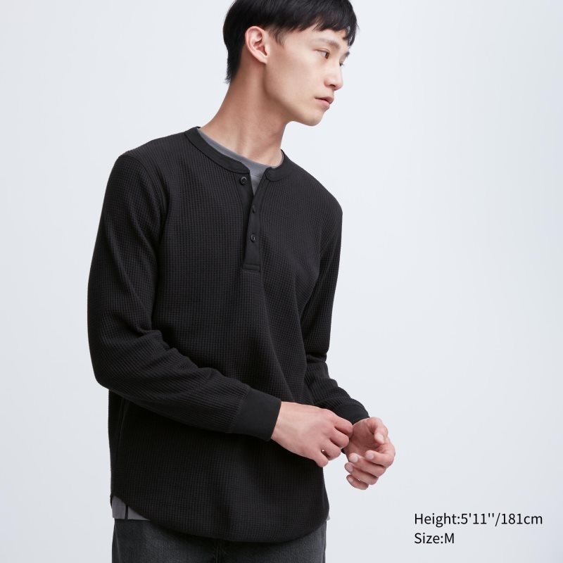 Men Uniqlo Waffle Henley Neck Long-sleeve T Shirts Black | 796219