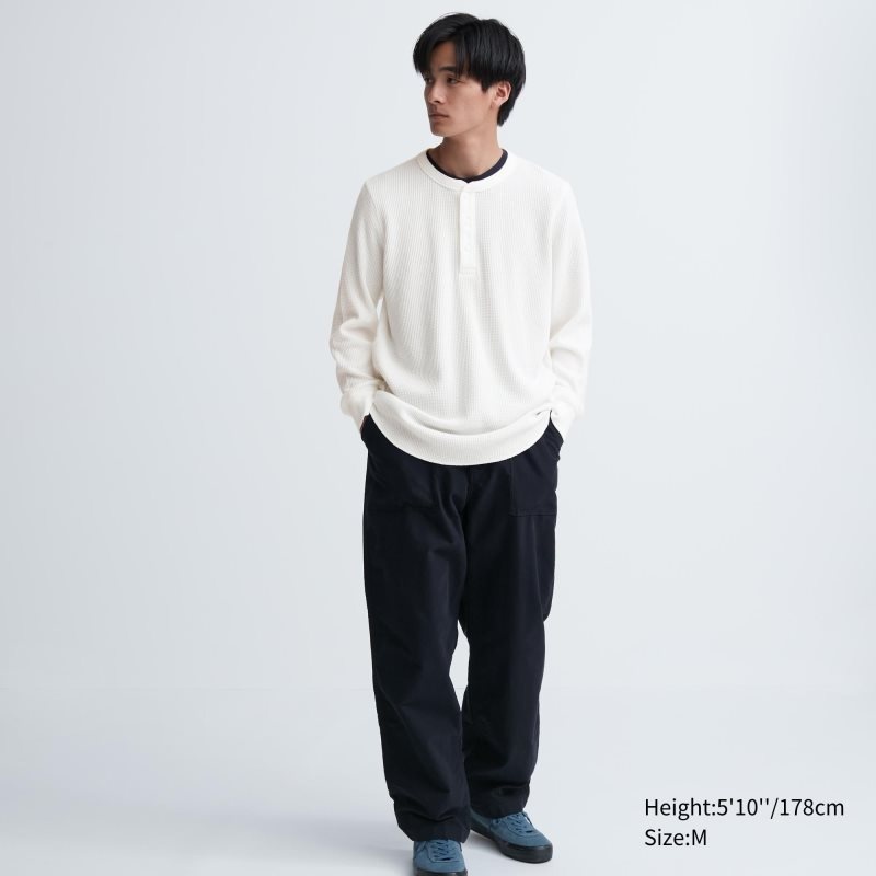 Men Uniqlo Waffle Henley Neck Long-sleeve T Shirts White | 7453157
