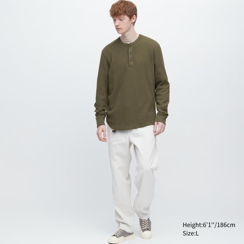 Men Uniqlo Waffle Long-sleeve Henley T Shirts Green | 4960231