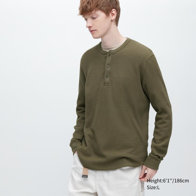 Men Uniqlo Waffle Long-sleeve Henley T Shirts Green | 4960231