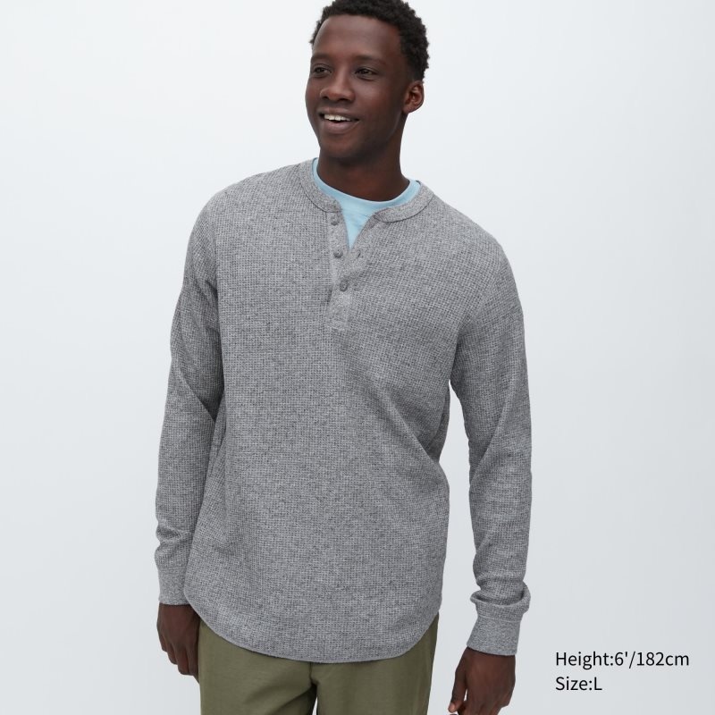 Men Uniqlo Waffle Long-sleeve Henley T Shirts Grey | 8063849