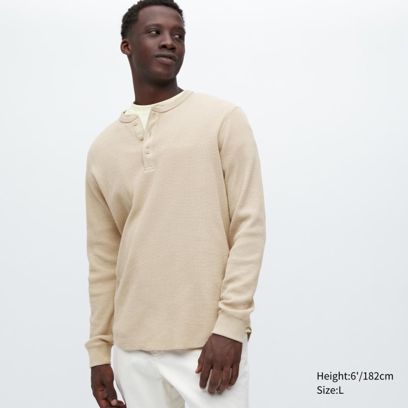 Men Uniqlo Waffle Long-sleeve Henley T Shirts Beige | 1052676