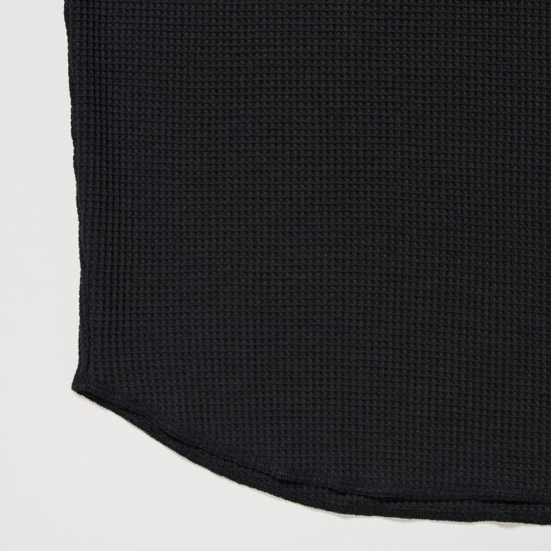 Men Uniqlo Waffle Long-sleeve Henley T Shirts Black | 9282570