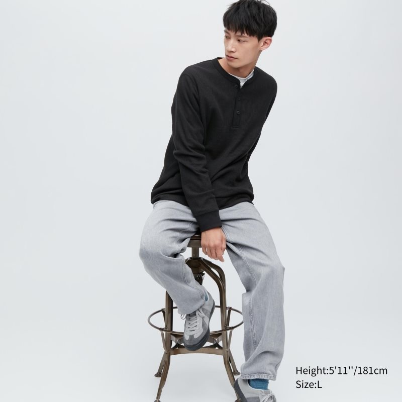 Men Uniqlo Waffle Long-sleeve Henley T Shirts Black | 9282570