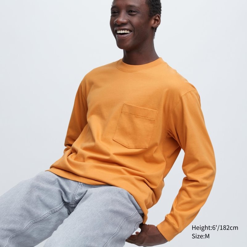 Men Uniqlo Washed Cotton Crew Neck Long-sleeve T Shirts Yellow | 5288235