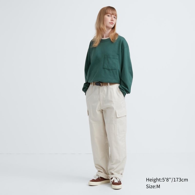 Men Uniqlo Washed Cotton Crew Neck Long-sleeve T Shirts Green | 2374609