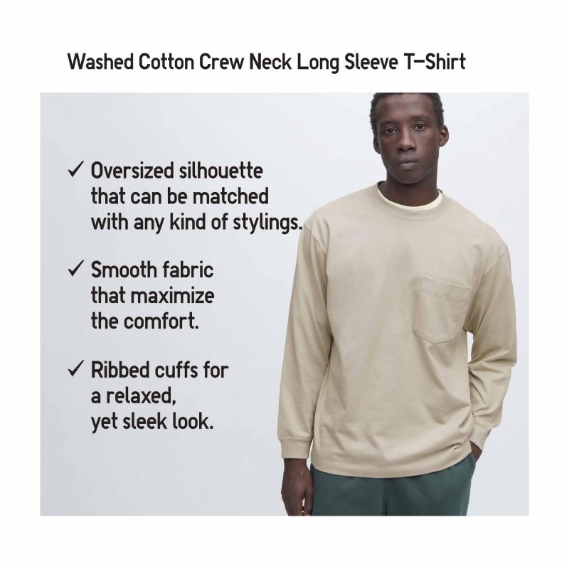Men Uniqlo Washed Cotton Crew Neck Long-sleeve T Shirts Navy | 9220185