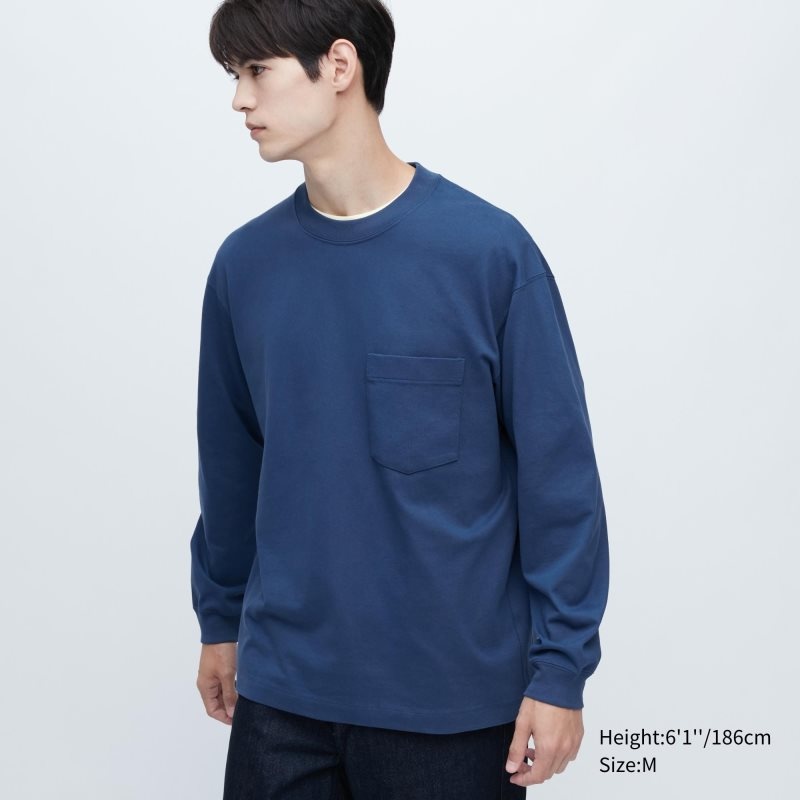 Men Uniqlo Washed Cotton Crew Neck Long-sleeve T Shirts Navy | 9220185