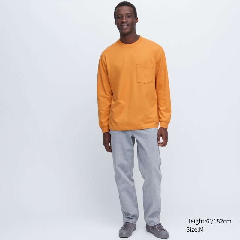 Men Uniqlo Washed Cotton Crew Neck Long-sleeve T Shirts Beige | 2779842