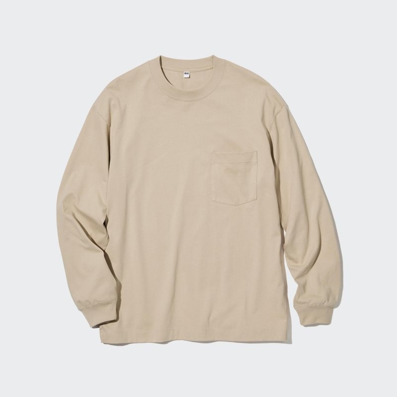 Men Uniqlo Washed Cotton Crew Neck Long-sleeve T Shirts Beige | 2779842